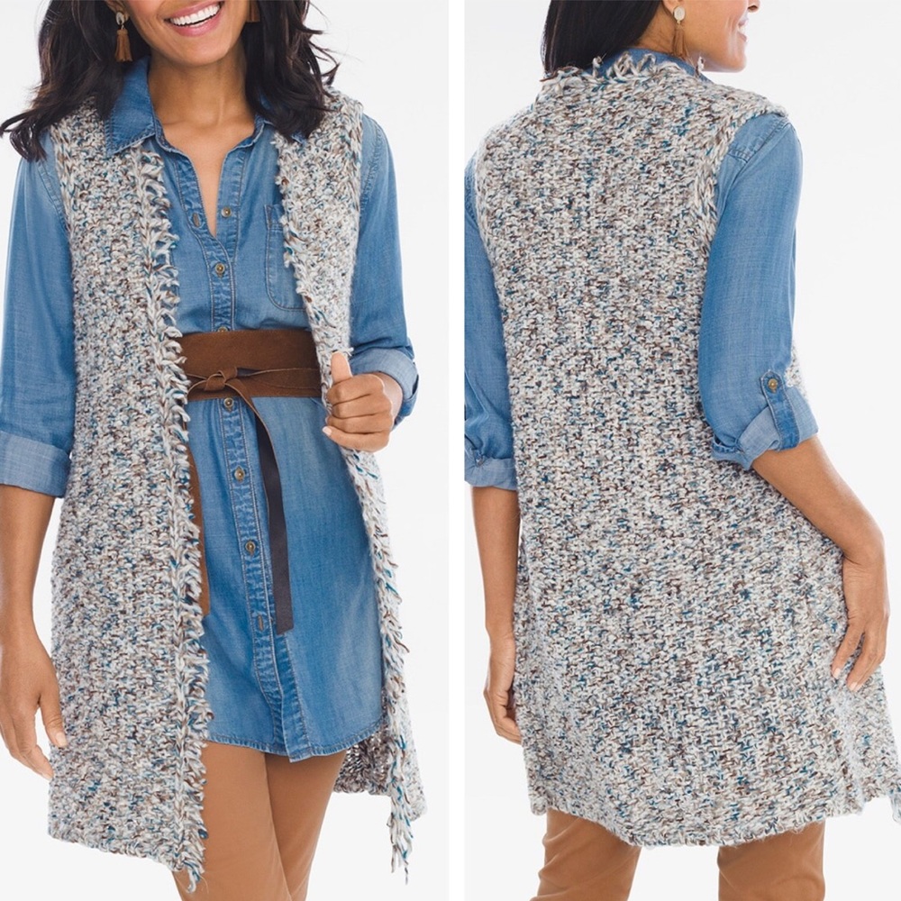 NEW Chico’s Wool Blend Marled Norwegian Sky Blue Open Front Longline Vest